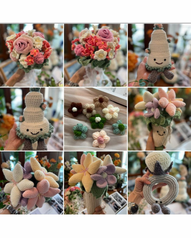 唧唧同學Elaine為女兒婚禮鉤織的全套作品拼貼圖，包含鉤織花球、兩款Jellycat三層婚禮蛋糕玩偶、Jellycat鑽石戒指、Jellycat手捧花束以及多色泡芙花。